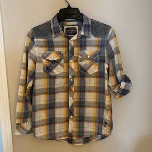 BKE Vintage shirt. Child size 10/12. Muted blue, yellow, orange and white plaid.
